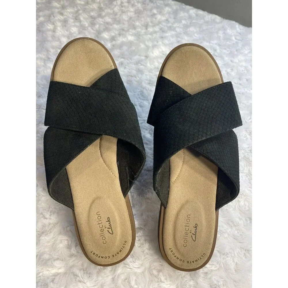 Clark’s Size 8 Flat Womens Slip On Sandals Black Faux Suede Muted Snakeskin - Picture 2 of 7